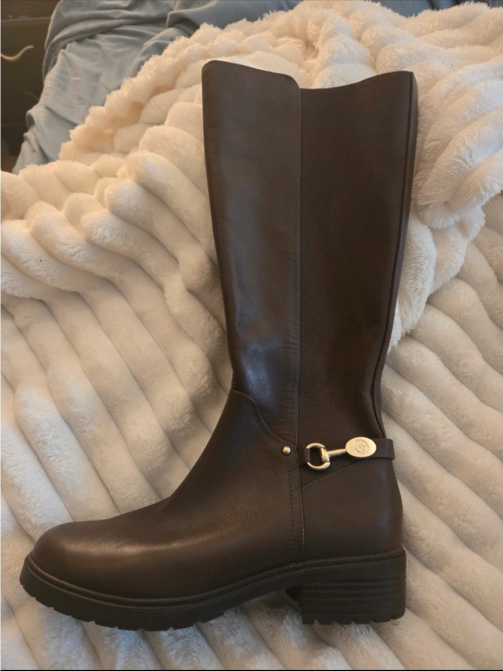 Giani Bernini Dark Brown Leather Knee-High Riding Boots with Gold Accent
